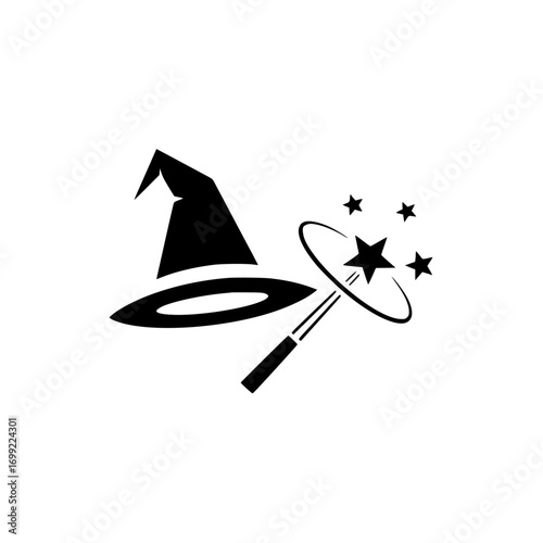 silhouette icon of magic hat with wand and stars symbolizing fantasy, trick, and magical performance