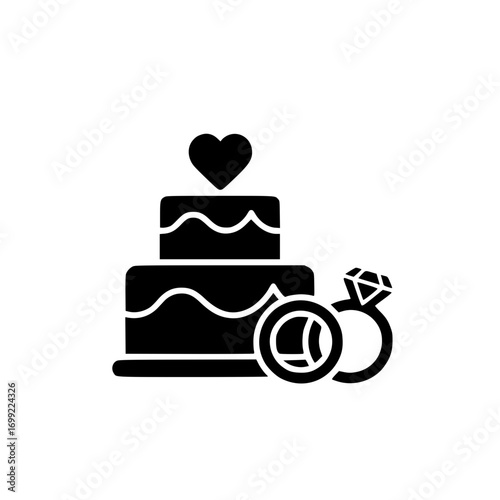 icon of wedding cake decorated with rings and heart symbol representing love, unity, and marriage celebration