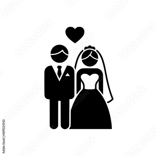 silhouette icon of wedding couple with heart symbol representing marriage, love, and celebration