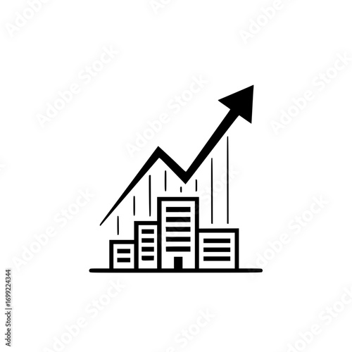icon of business growth chart with buildings and upward arrow representing investment and financial success