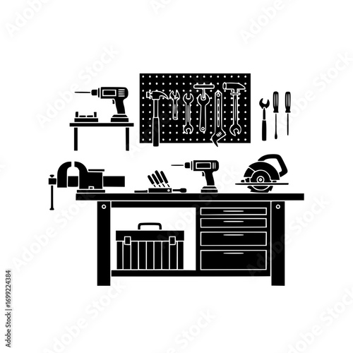 Workshop tools vector icon symbolizing handyman equipment, repair service, and mechanical workplace