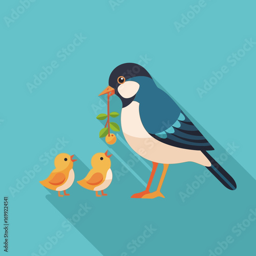 A stylized illustration of a bird feeding its young, showcasing a caring mother bird with two small chicks.
