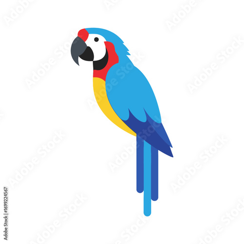 A vibrantly colored, stylized illustration of a blue and yellow macaw parrot perched.
