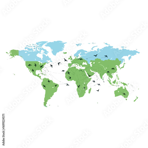 World map illustration showing the distribution of bats across continents, with green indicating bat habitats and blue indicating areas where bats are less common.