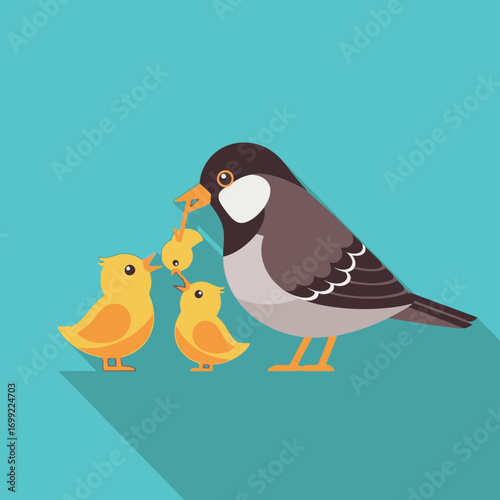 A stylized illustration of a bird feeding its three young.