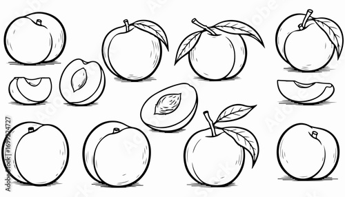 Black and white line art illustration of whole and sliced peaches with leaves, arranged in a group.