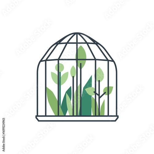 Illustration of a birdcage containing stylized green plants and leaves, isolated on a white background.