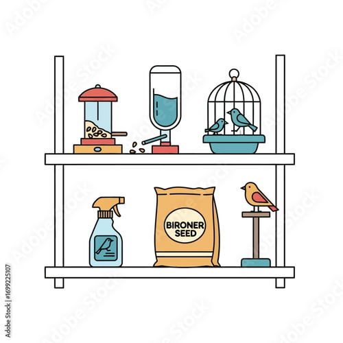 Illustration of a shelf containing bird-related items, including a bird feeder, water dispenser, cage with birds, spray bottle, seed bag, and a bird perched on a stand.