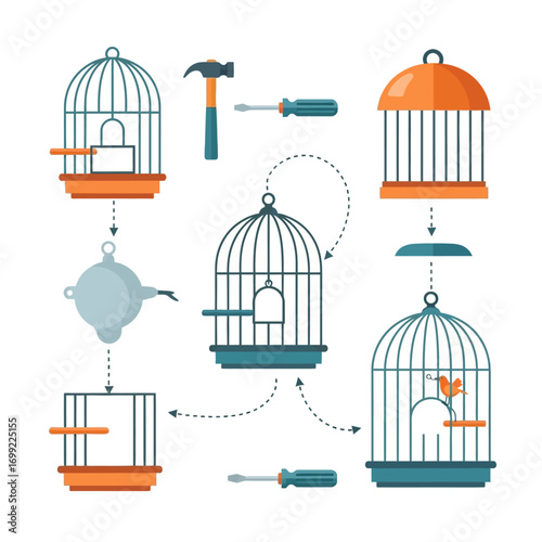 Vector illustration showcasing the assembly process of a birdcage, featuring tools and components.