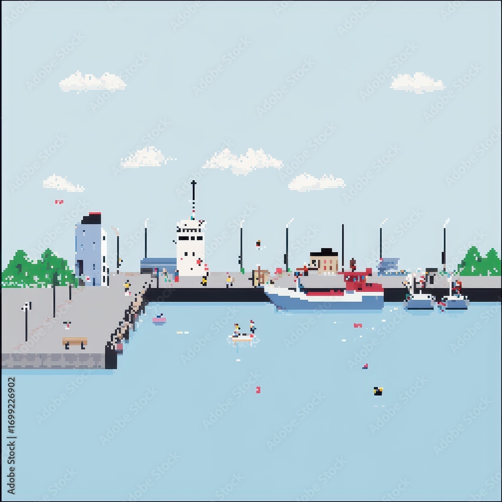 Fototapeta premium Colorful pixel art harbor scene with boats, buildings, and nature