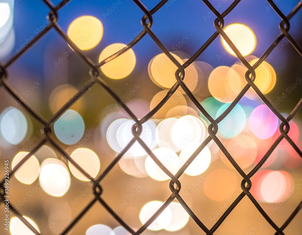 Naklejka premium City lights blurred through chain link fence at twilight