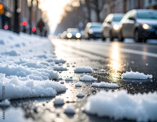 Snowy city street at sunset