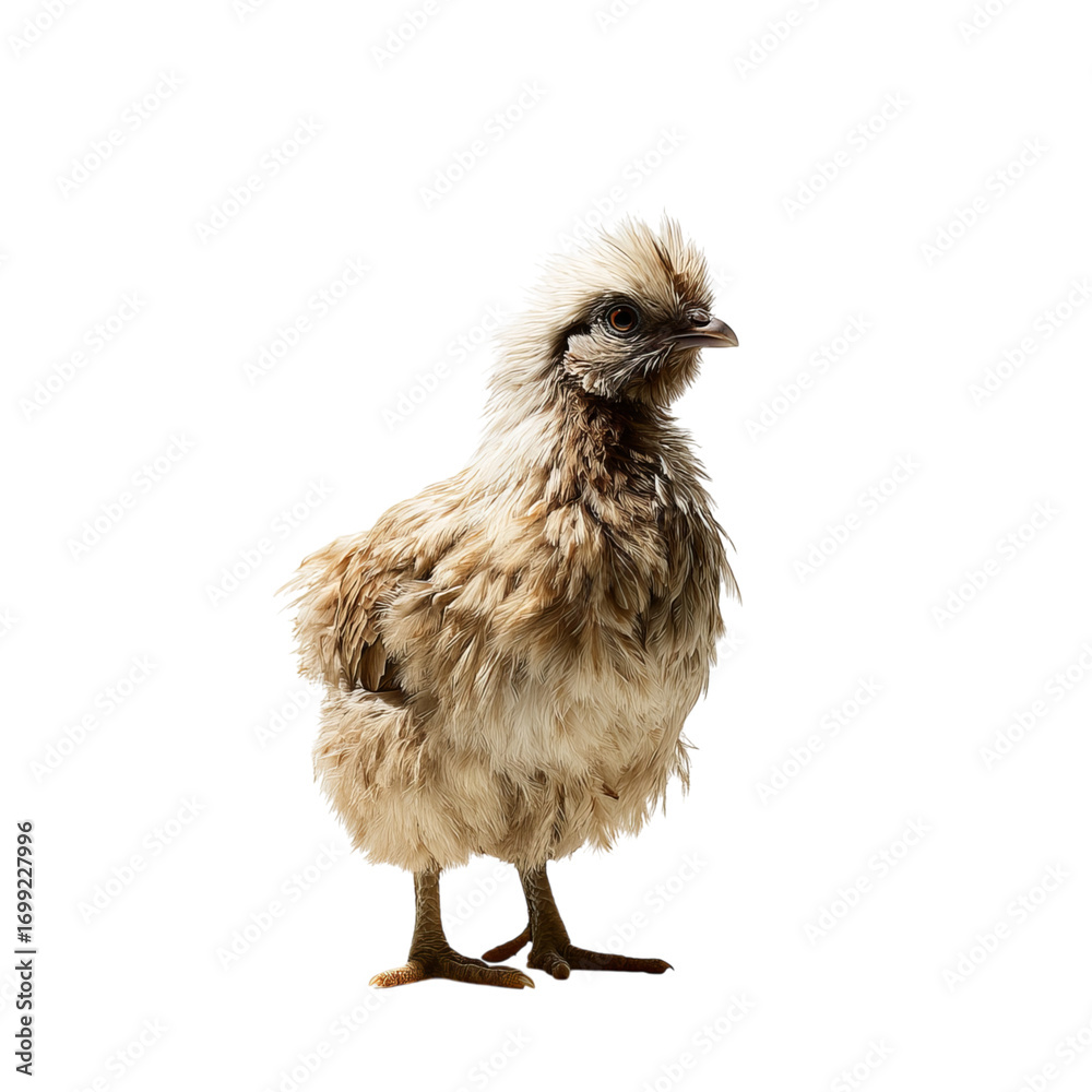 Obraz premium A fluffy young silkie chicken with soft feathers, standing proudly on its small legs against a plain background.