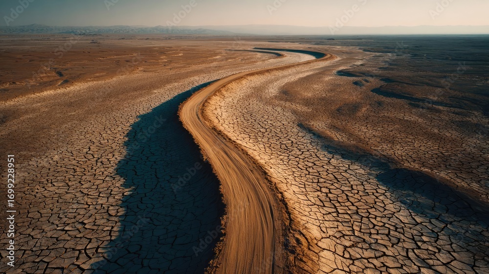 Fototapeta premium Dried lake and river in hot summer season concept. Aerial view of a winding dirt road through a cracked landscape.
