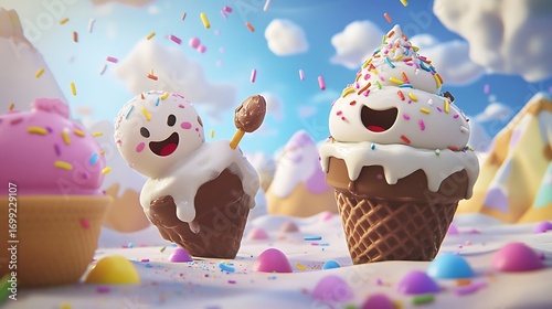 Close up of cartoon ice cream cones with faces and sprinkles against a blue sky background