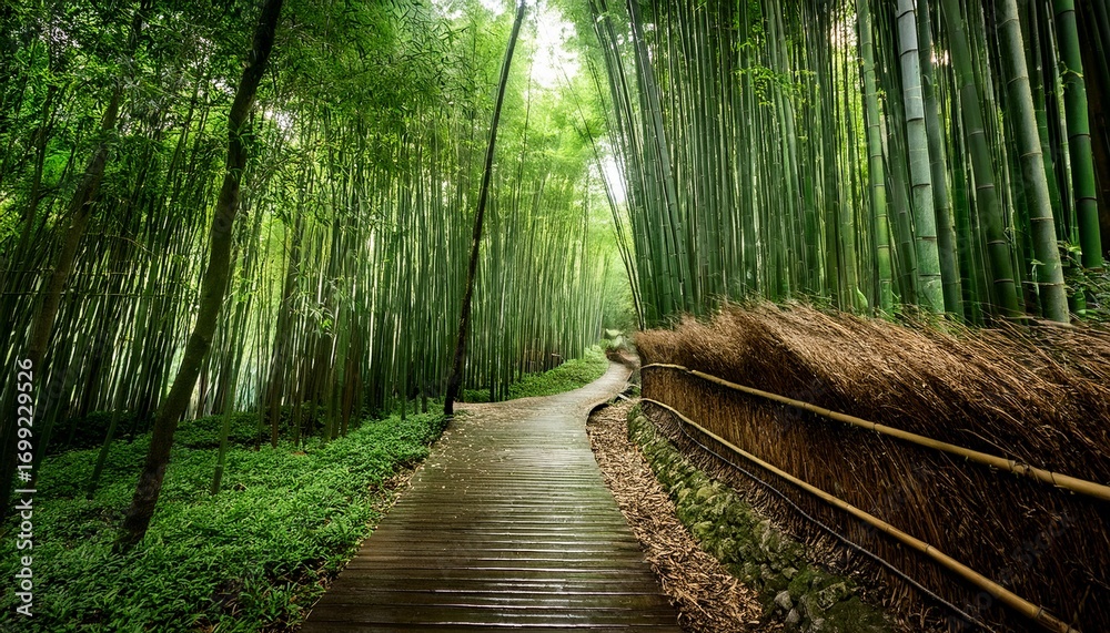 Fototapeta premium Bamboo Forest Path With Winding Trail Surrounded By Greenery
