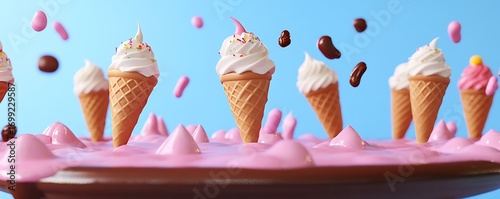 A whimsical scene of ice cream cones on pink goo with candies against a blue background art
