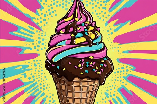 A colorful ice cream cone with chocolate drizzle and sprinkles against a vibrant background art