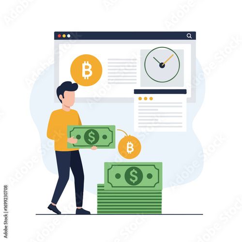 Man converting US dollar bills into Bitcoin cryptocurrency.