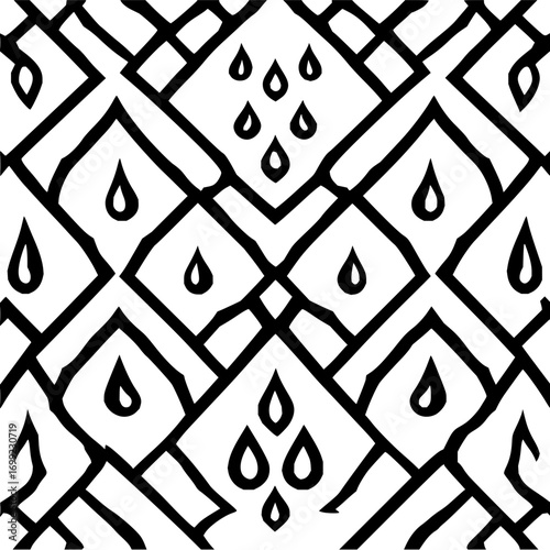 Black and white seamless pattern featuring stylized rain drops within diamond and teardrop shapes design art