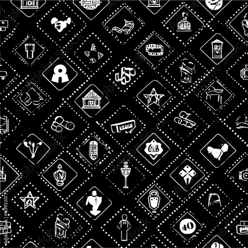 Monochrome pattern with various white icons inside dotted rhombus shapes on a black background design style