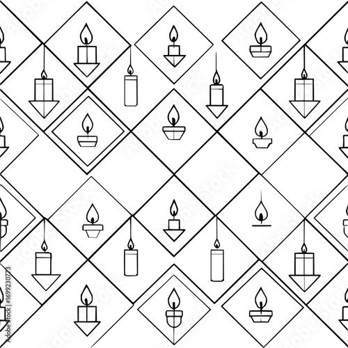 Black and white seamless pattern of candle illustrations in diamond shapes on a white background
