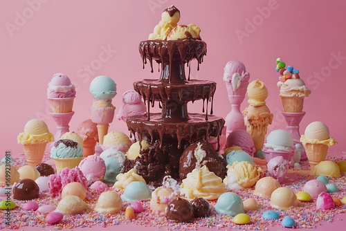 A chocolate fountain surrounded by an assortment of colorful ice cream cones and scoops on pink backdrop