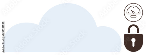 Cloud graphic paired with a padlock and speedometer gauge, conveying secure and optimized cloud functionality. Ideal for technology, cybersecurity, data protection, performance, innovation, IT