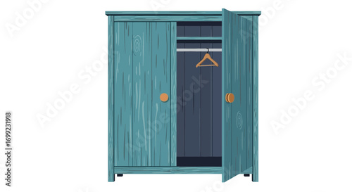 Vintage wooden wardrobe with open door, single hanger, isolated on white