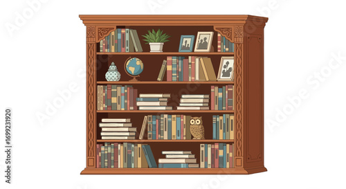 A detailed illustration of a wooden bookcase filled with various objects