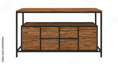 A distinctive sideboard with a brown wood grain finish and metal frame design