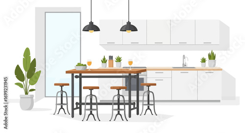 A beautifully designed modern kitchen and dining interior illustration