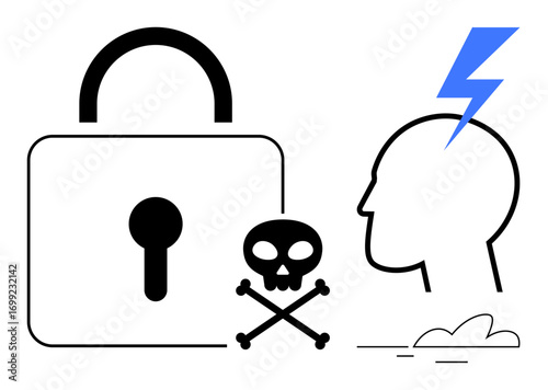 Locked padlock alongside skull and crossbones near human head with lightning bolt emphasizing risk, danger, or security issues. Ideal for cybersecurity, hacking danger, hacking resilience, mental