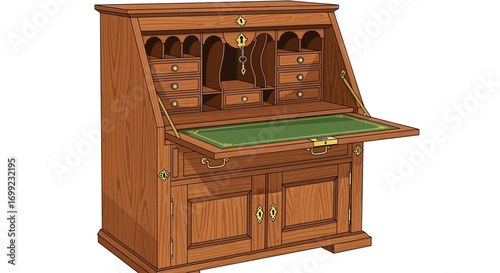 Antique secretary desk with wood grain, brass hardware and green leather
