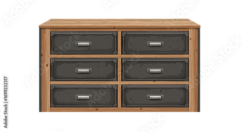 Artistic rendition of an industrial-style wooden cabinet with metal drawers