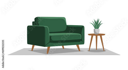 Charming green velvet armchair with houseplant on the side table interior