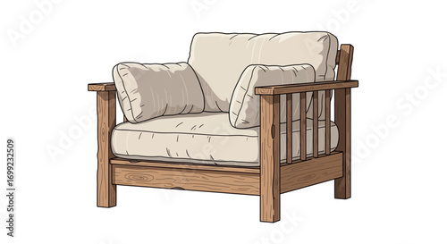 Comfortable armchair with wooden frame and soft cushions on white background