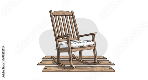 Classic wooden rocking chair illustration resting on rustic wood planks