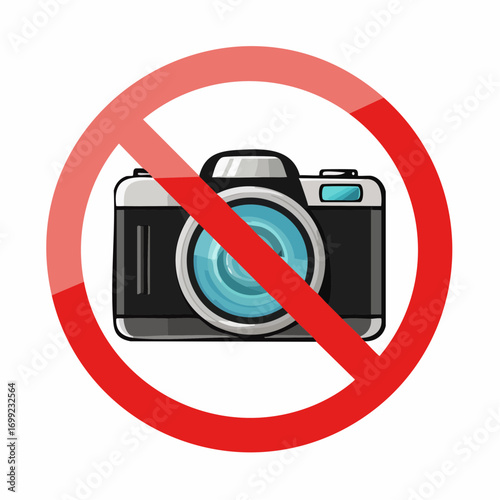 Vector sign in black and white of a camera with a prohibition circle over it, indicating no photography allowed