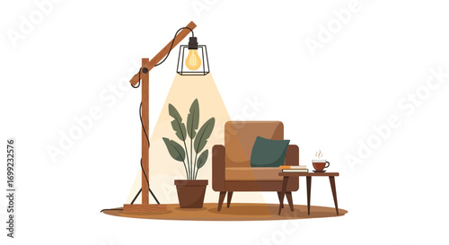 Comfortable interior scene with armchair, floor lamp, table and plant illustration