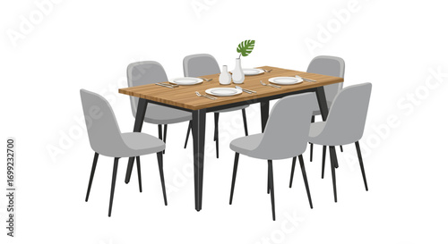 Contemporary dining area table setting with modern chairs for family dining