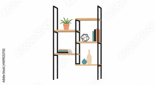 Contemporary bookshelf arrangement with plant and decorative objects