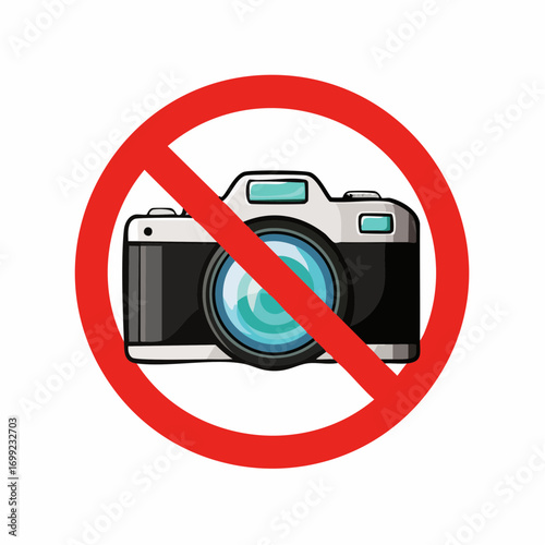 Vector sign in black and white of a camera with a prohibition circle over it, indicating no photography allowed