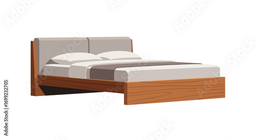 Cozy bed with wooden frame and soft bedding for bedroom furnishing