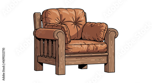 Cozy Armchair Illustration with Rustic Wooden Frame and Plush Cushions