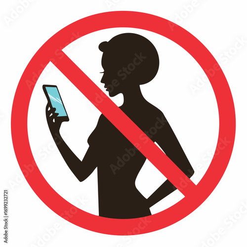 Silhouette vector illustration of a person holding a mobile phone, inside a crossed-out circle, representing no phone zone
