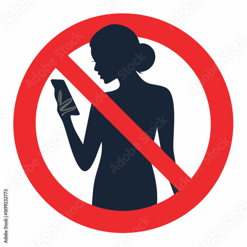 Silhouette vector illustration of a person holding a mobile phone, inside a crossed-out circle, representing no phone zone