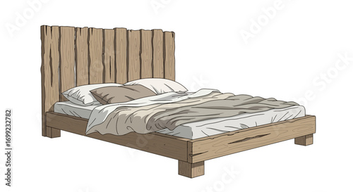 Cozy illustration of rustic wooden bed with pillows and duvet isolated