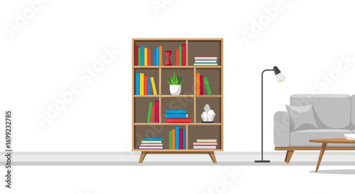 Cozy interior design with a bookcase and comfortable furniture elements