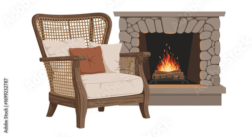 Cozy interior scene featuring a wicker armchair and a stone fireplace